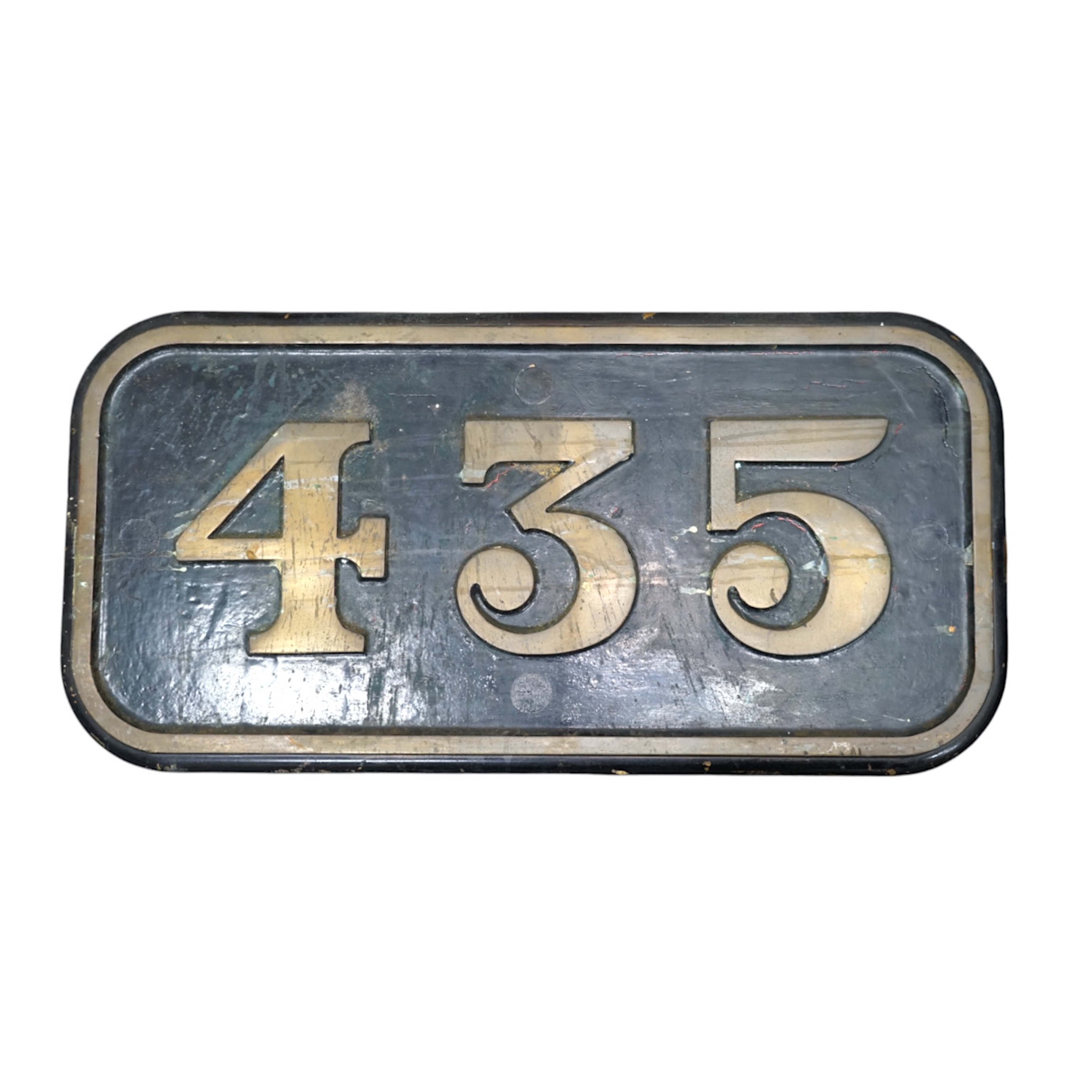 A cast iron GWR locomotive cab side number plate for an 0-6-2T locomotive, 435, built by Robert Stephenson & Co. for the Brecon & Merthyr Railway (No.49), numbered 1668 by GWR, and withdrawn by BR in 1954, dimensions; 59